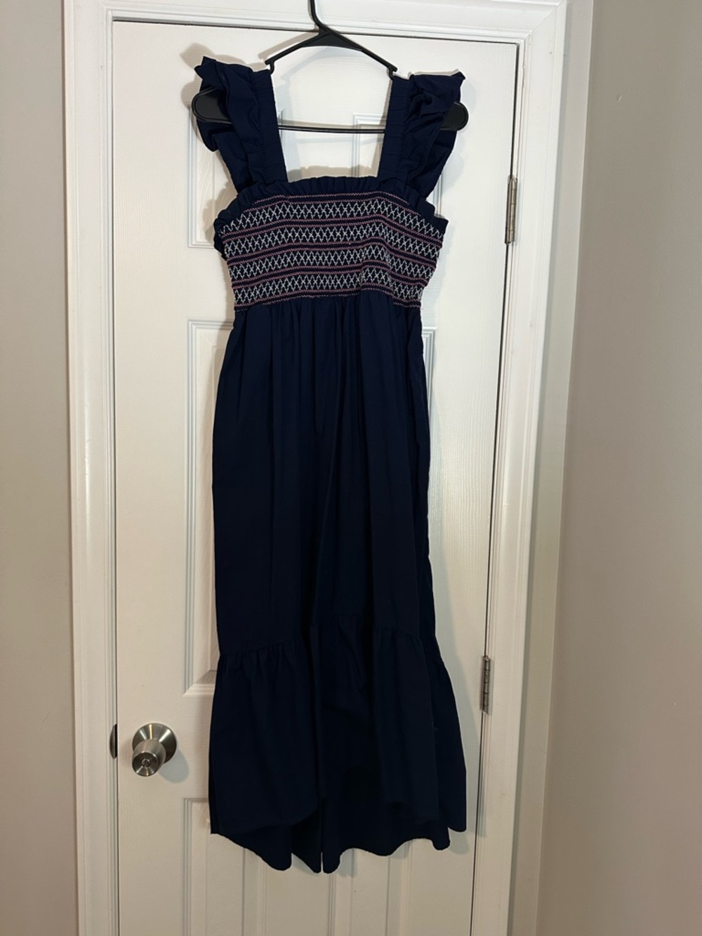 crown & ivy Navy Maxi Dress with Embroidered Smocked Bodice